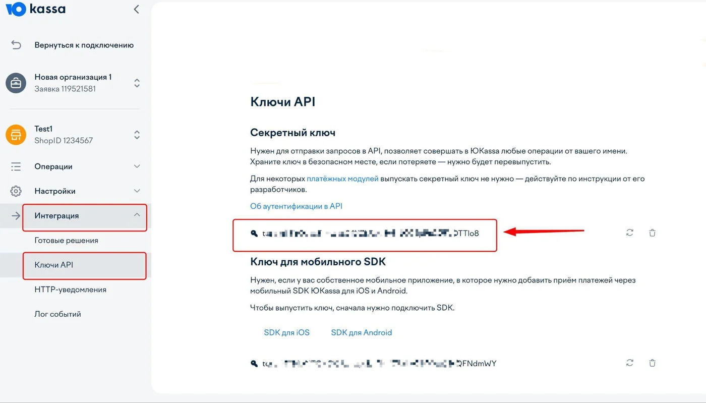 Кабинет ЮKassa, раздел «Ключи API»: секретный ключ